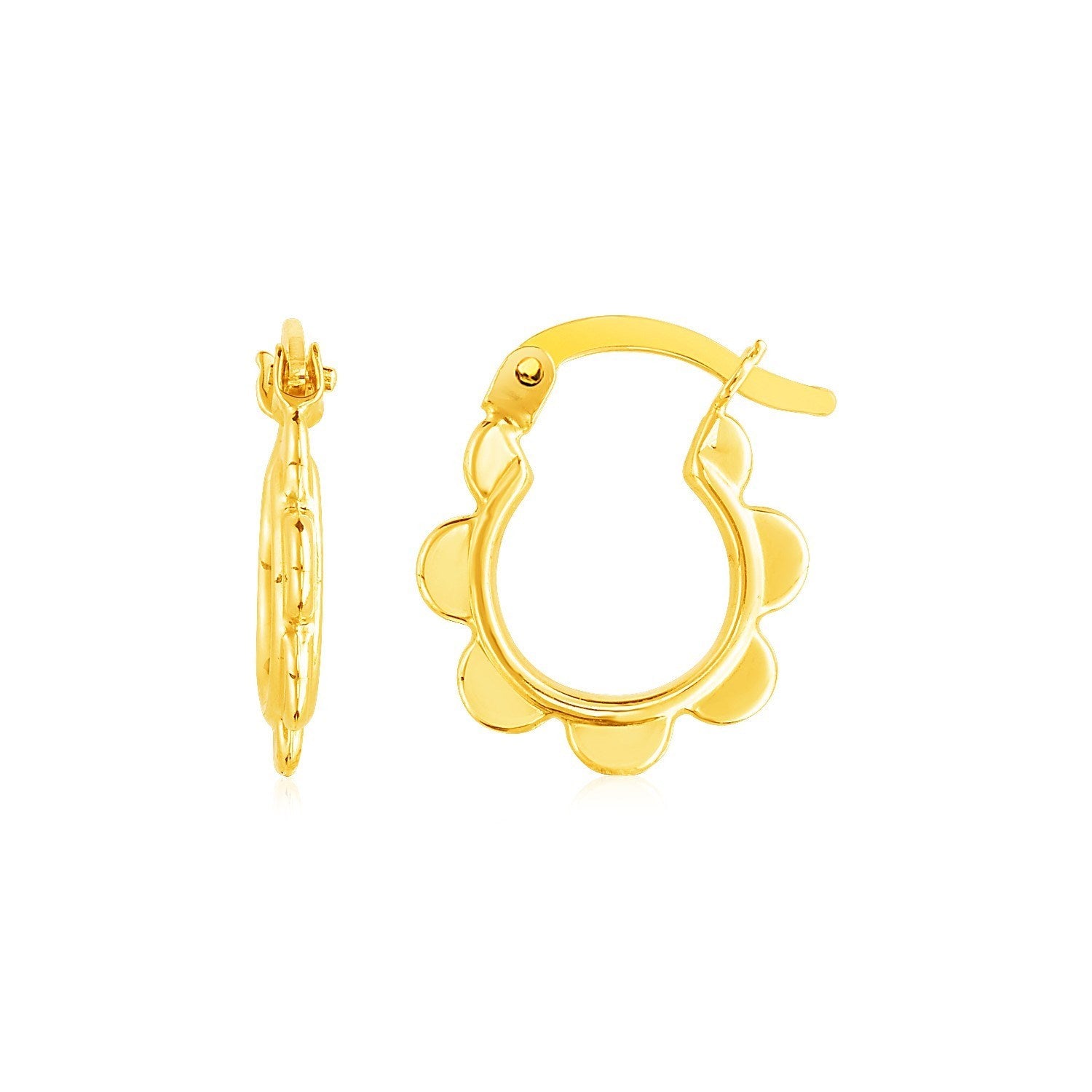 14k yellow gold scalloped hoop earrings with a contemporary design, perfect for elegant everyday wear.
