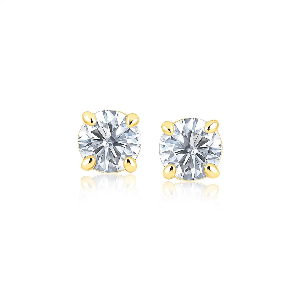 14k yellow gold polished faceted stud earrings featuring round white hue cubic zirconia in elegant prong setting.