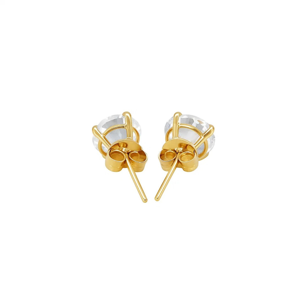 14k yellow gold polished faceted stud earrings featuring round white hue cubic zirconia in elegant prong setting