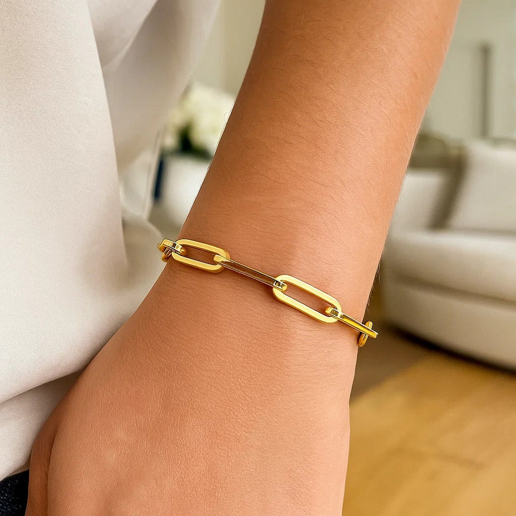 14K yellow gold extra wide paperclip chain bracelet featuring contemporary link design, perfect for elegant layering.
