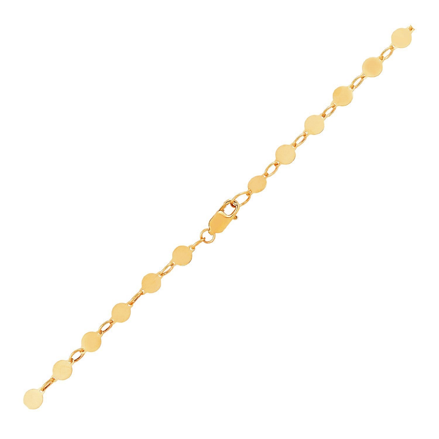 14k yellow gold modern bracelet featuring polished circles and a delicate chain link design.