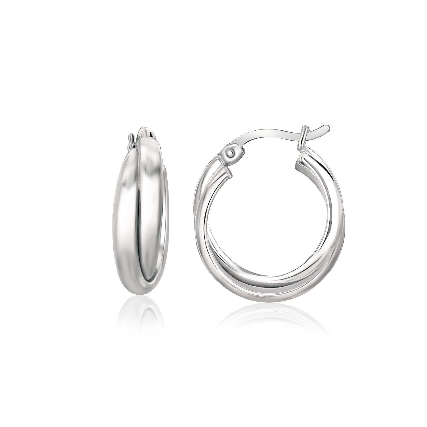 Sterling silver dual round entwined hoop earrings showcasing a classic design with elegant fluidity.
