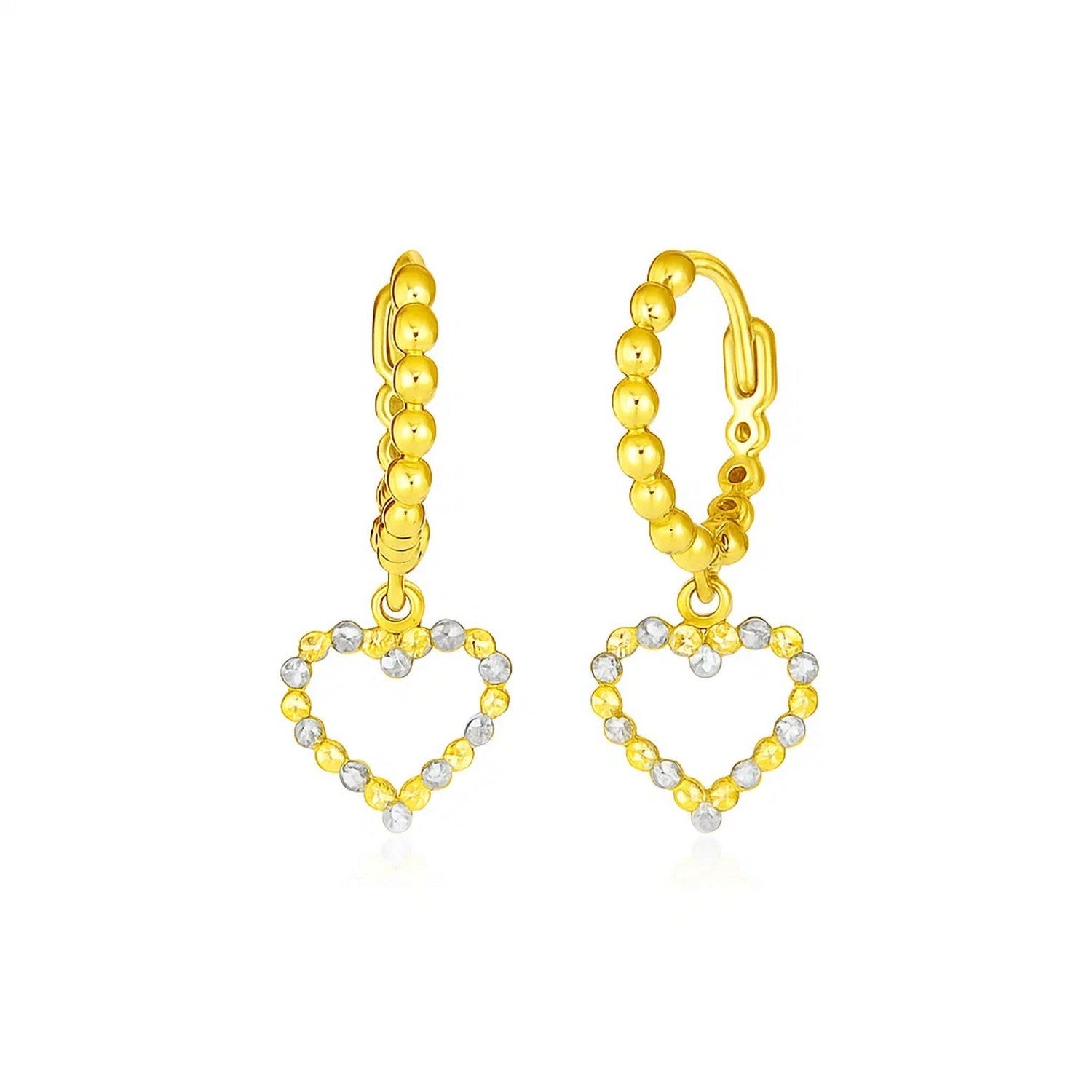 14k two-tone gold textured beaded hoop earrings, modern design, perfect for elegant occasions and everyday wear.