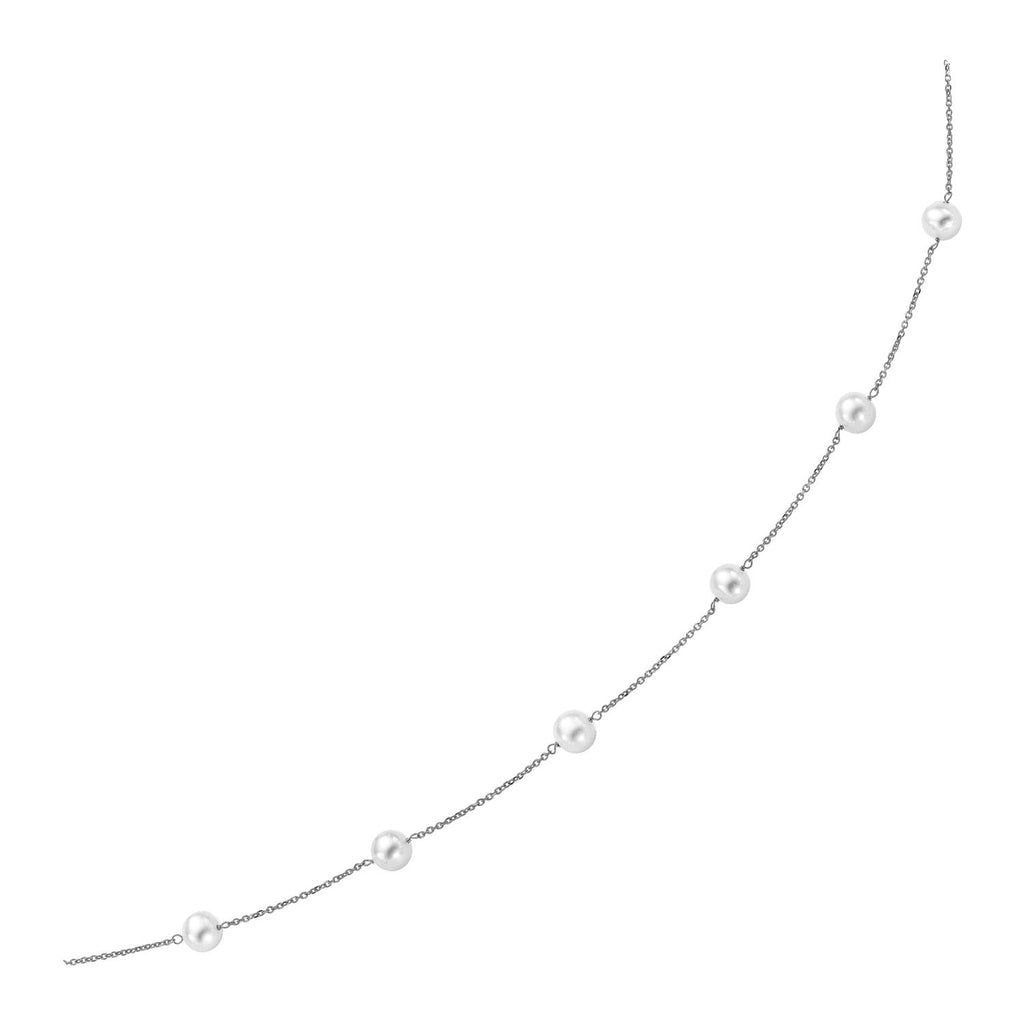 14k white gold necklace featuring lustrous white pearls on a modern round chain for an elegant touch.