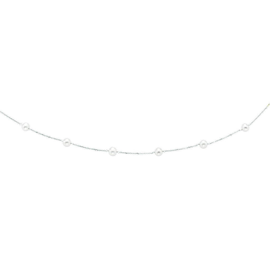 14k white gold necklace featuring lustrous white pearls on a modern round chain design.