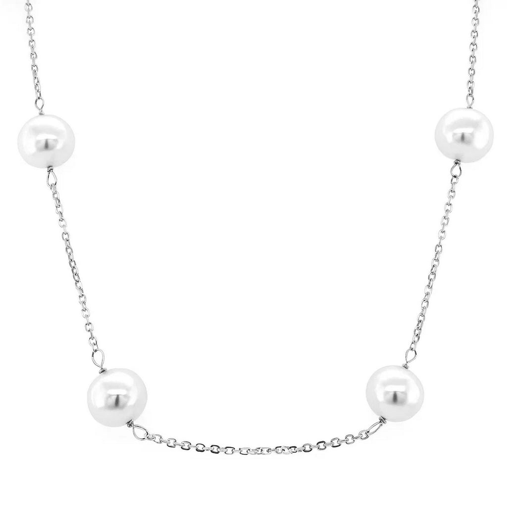 14k white gold necklace featuring lustrous white pearls on a modern round chain, perfect for elegant occasions.