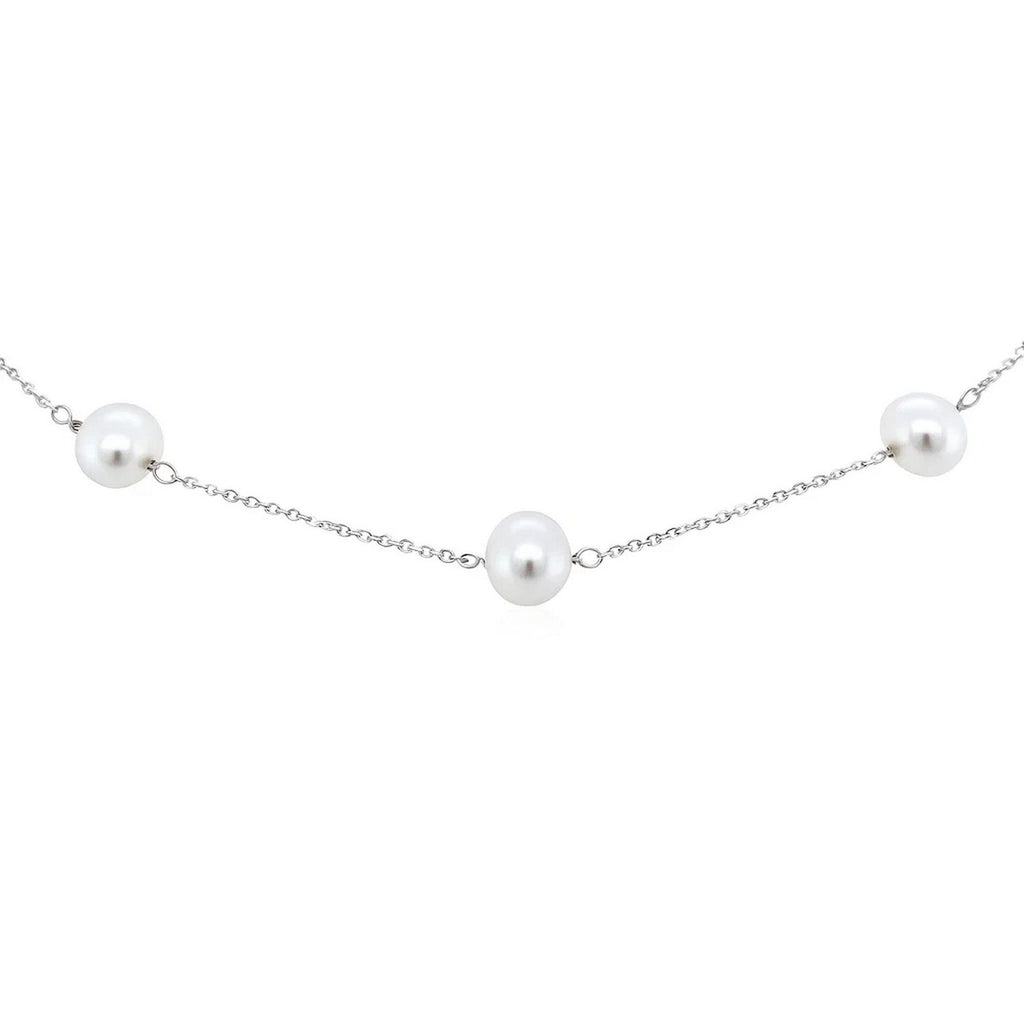 14k white gold necklace featuring lustrous white pearls on a modern round chain, exuding elegance and sophistication.