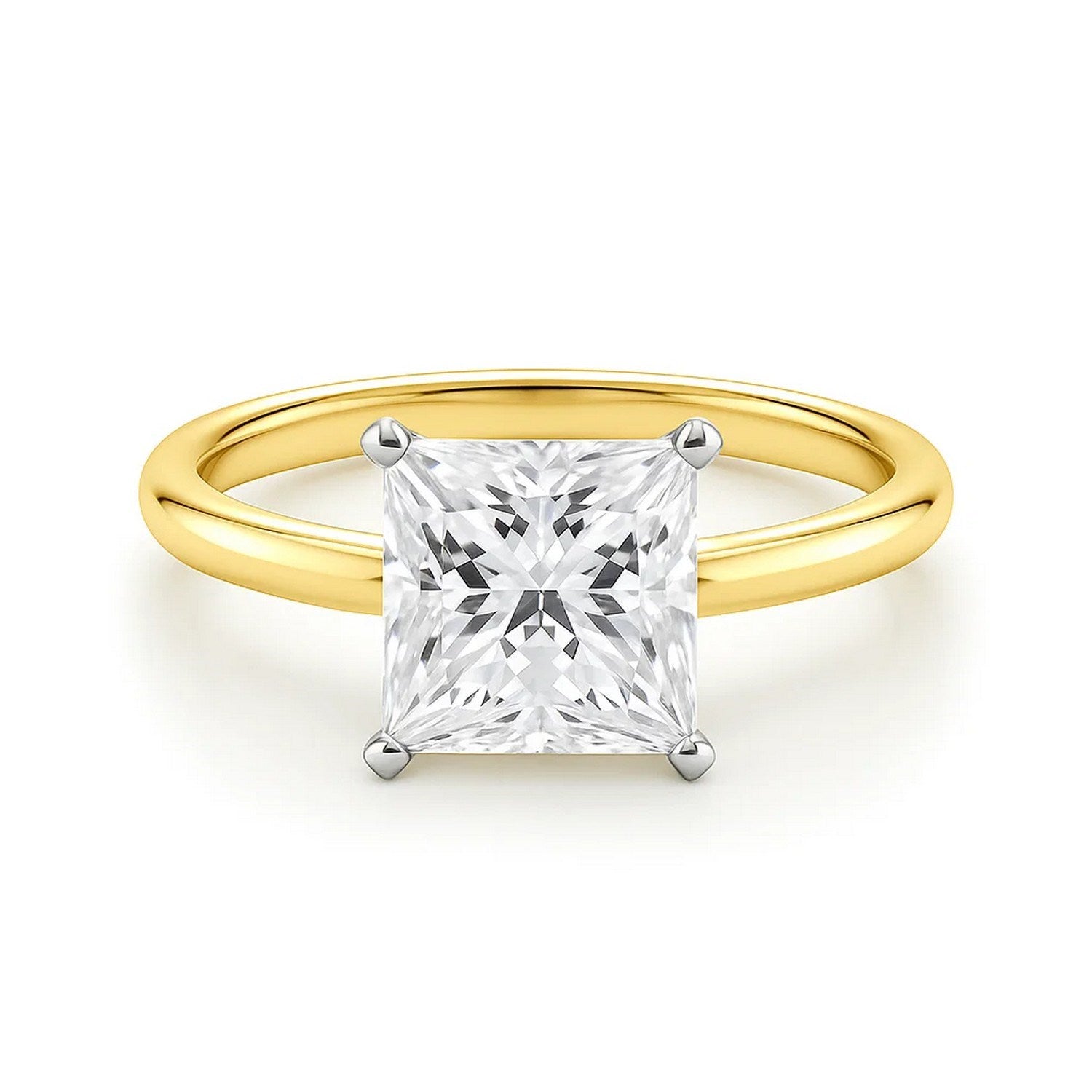 3 carat princess lab-grown diamond solitaire ring in 10K yellow gold with elegant prong setting, modern design.