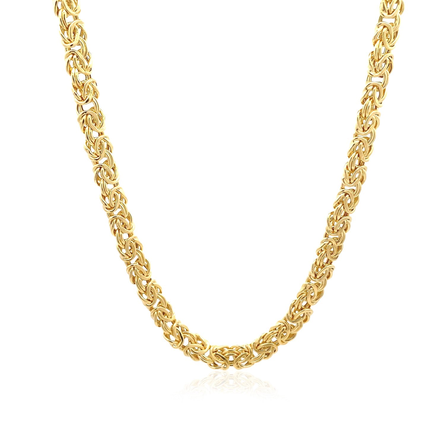 14k yellow gold fancy Byzantine chain necklace showcasing modern elegance and intricate design details.
