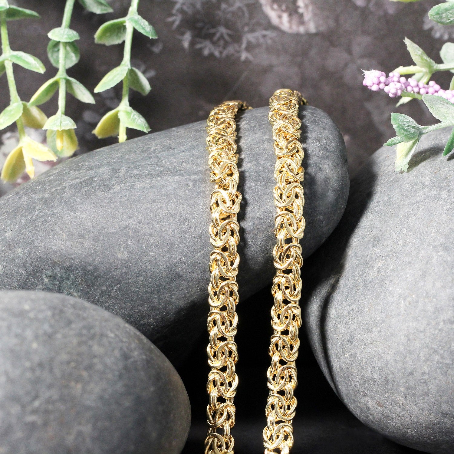14k yellow gold fancy Byzantine chain necklace showcasing modern elegance and intricate design details.