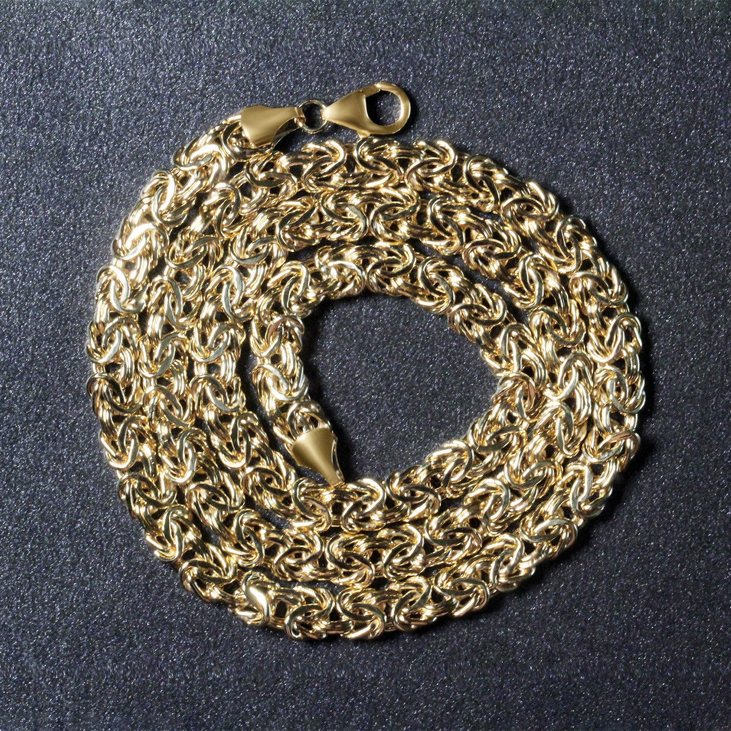 14k yellow gold fancy Byzantine chain necklace with elegant links and modern design, perfect for luxury occasions.