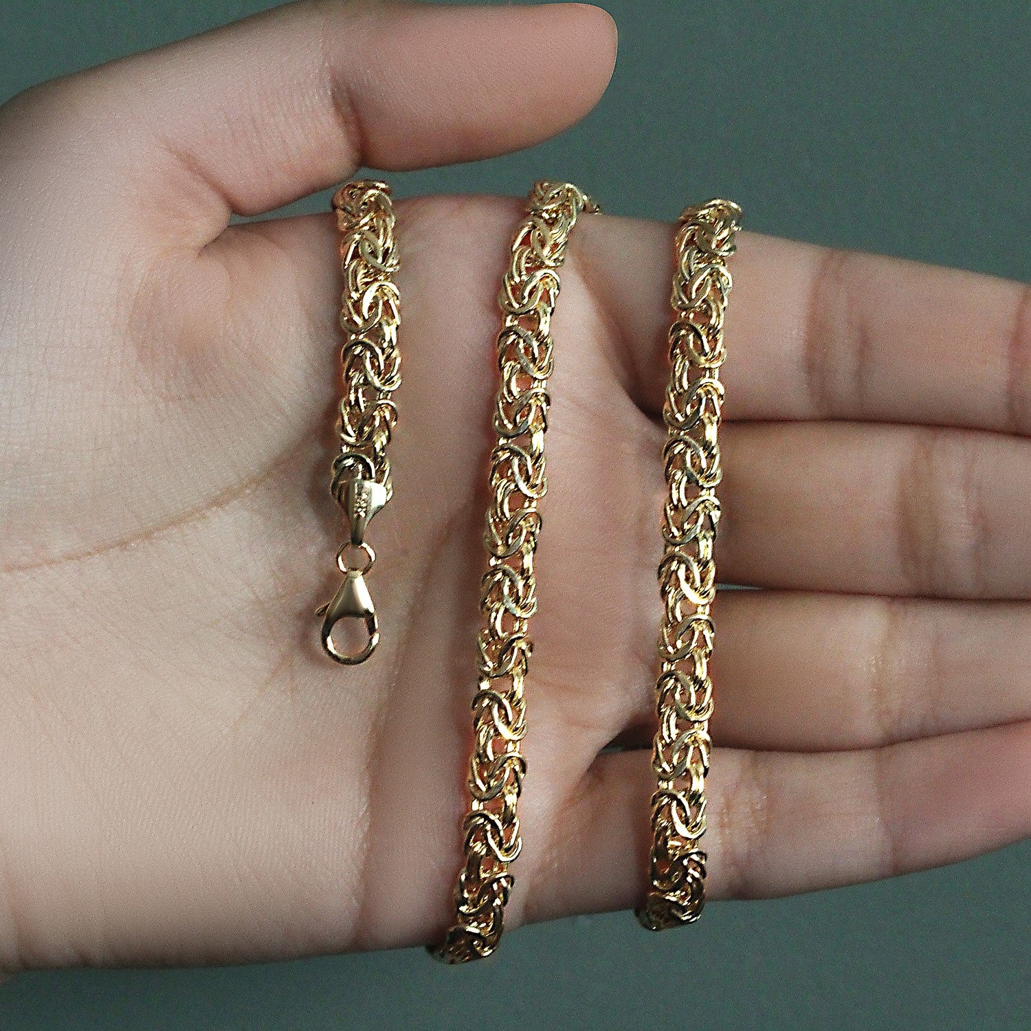 14k yellow gold fancy Byzantine chain necklace showcasing a modern design with intricate links and elegant shine