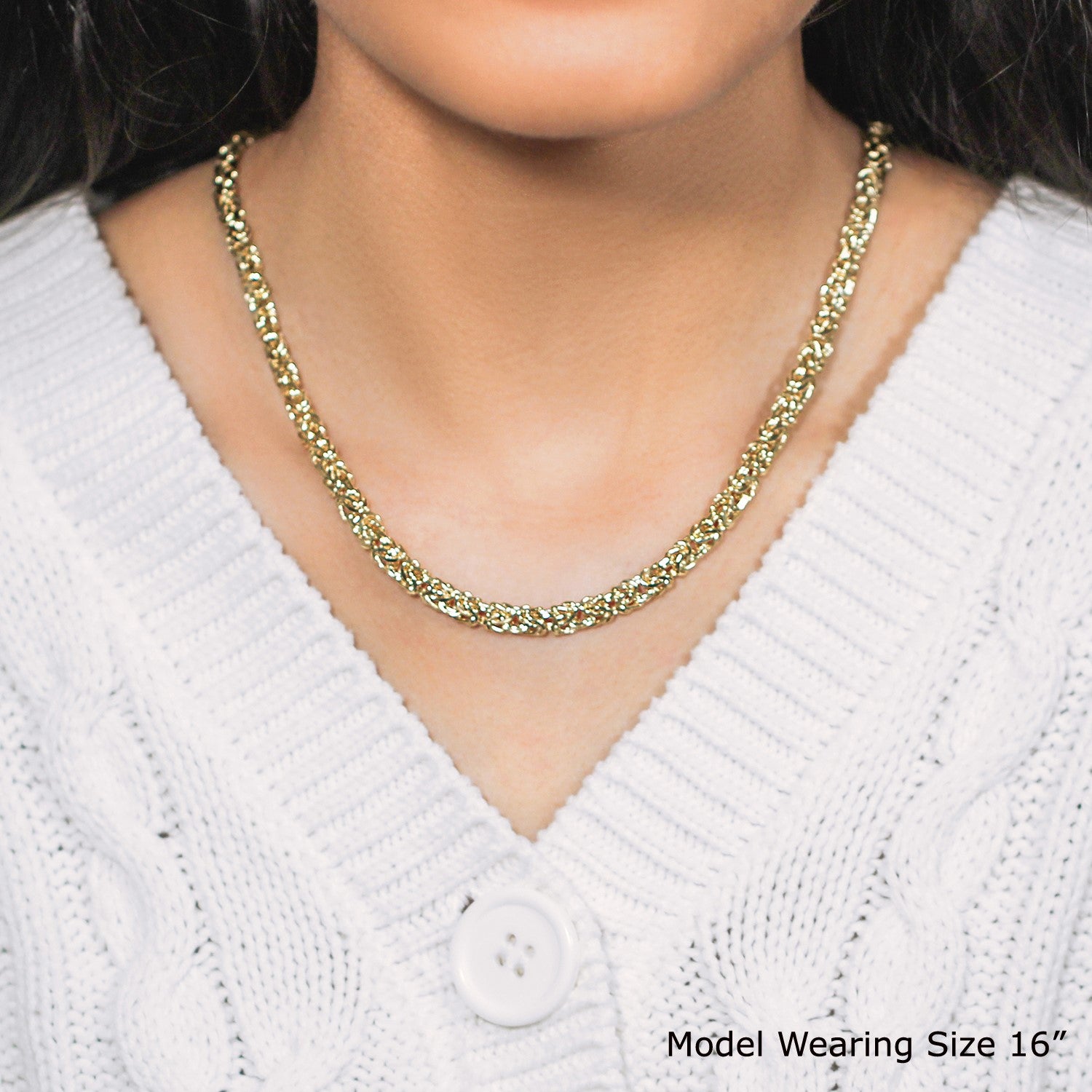 14k yellow gold fancy Byzantine chain necklace with elegant links and modern design for a luxurious statement.
