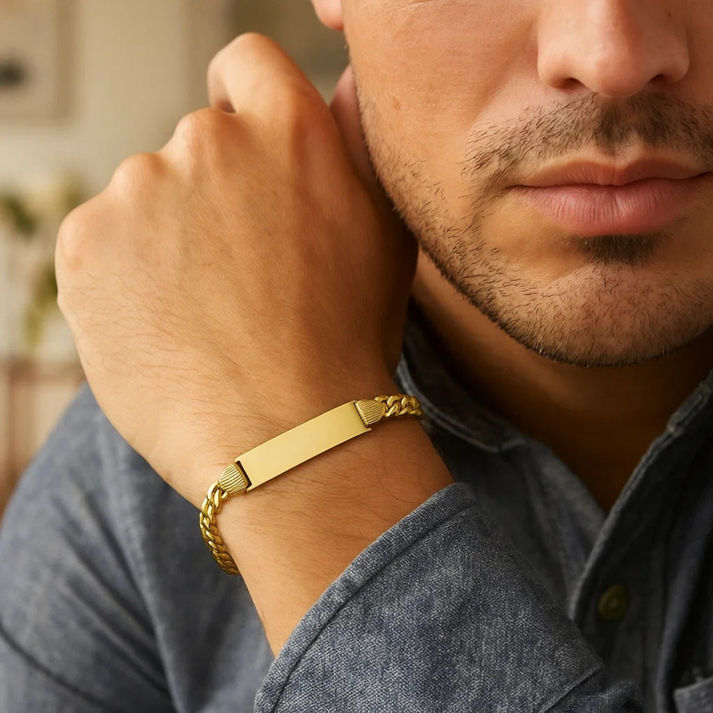 14K yellow gold Lite Cuban ID bracelet featuring a modern chain link design, perfect for elegant everyday wear.