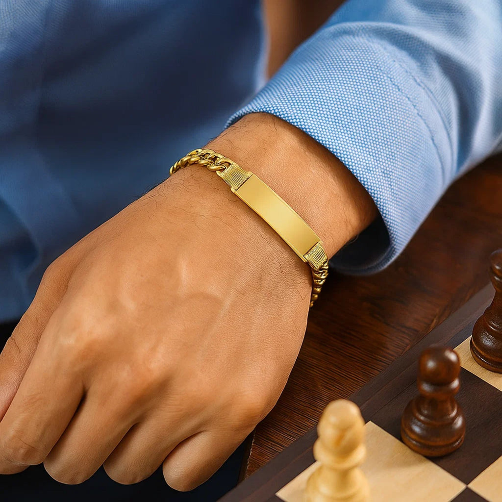 14K yellow gold Lite Cuban ID bracelet featuring a modern chain link design, perfect for elegant everyday wear.