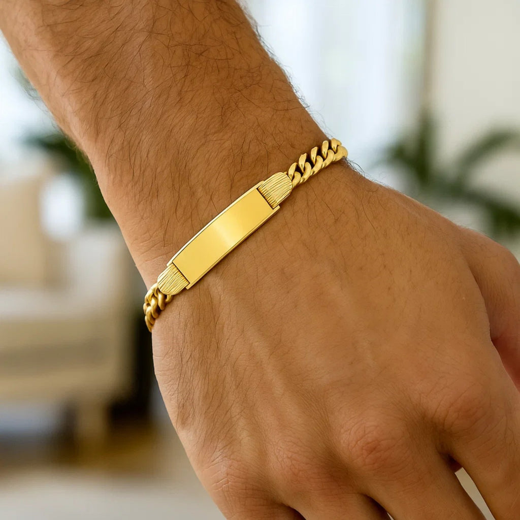 14K yellow gold Lite Cuban ID bracelet featuring modern link design, perfect for elegant layering or standalone wear.