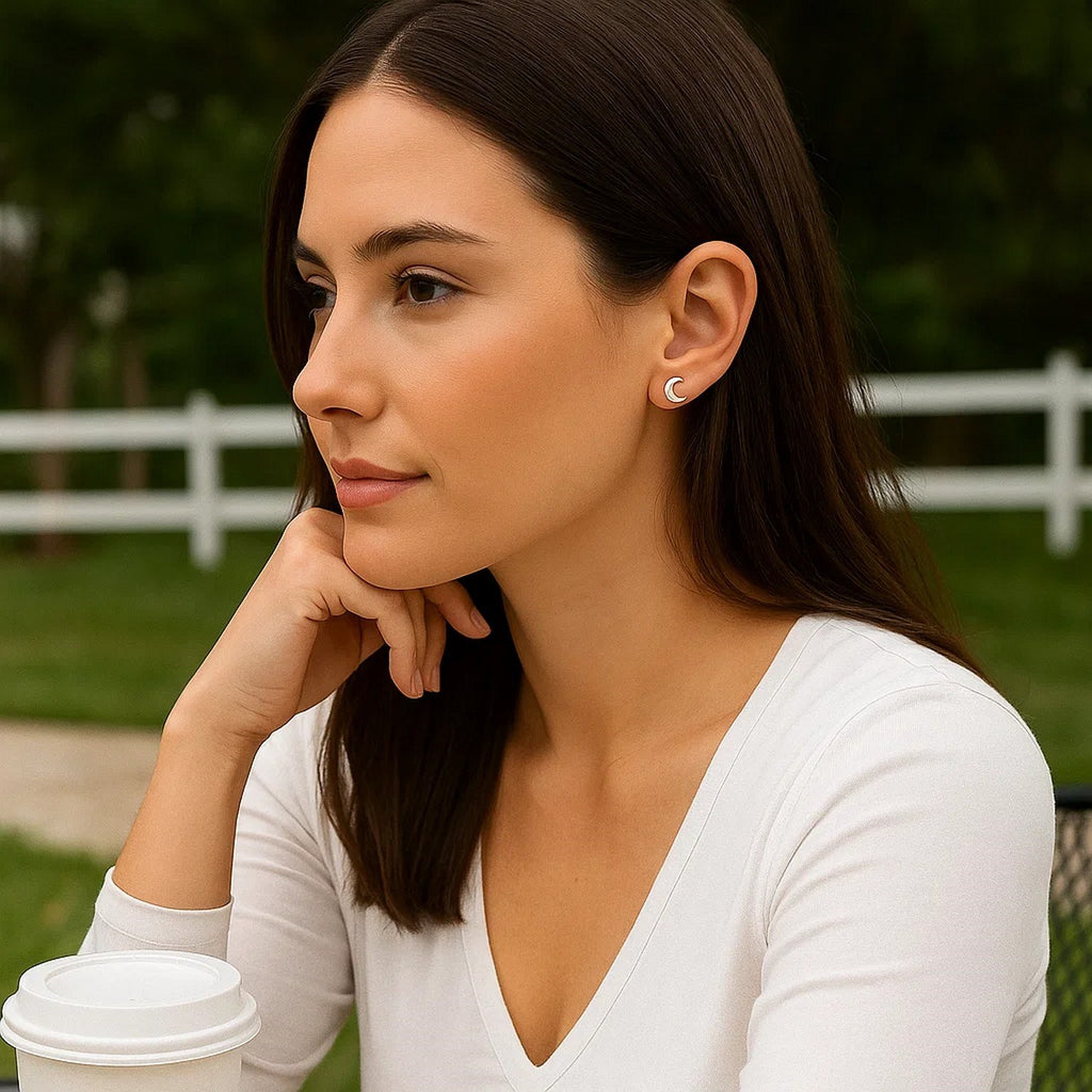 14k white gold minimalist moon accent earrings with elegant design, perfect for sophisticated luxury style.