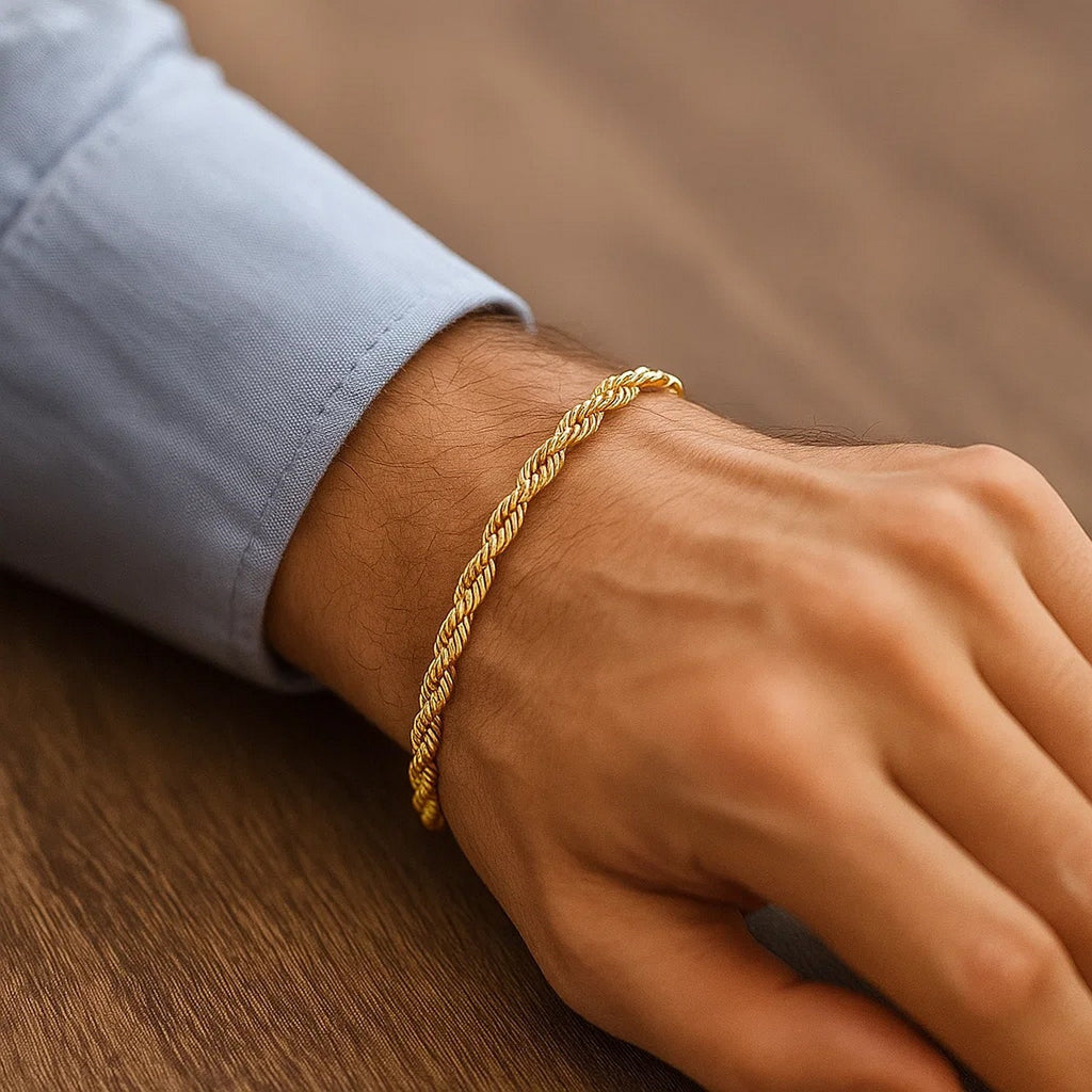 14k yellow gold silk rope chain bracelet, modern design with elegant texture and refined craftsmanship.