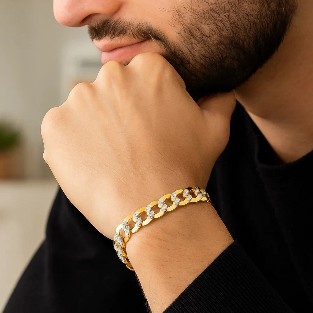 14k two-tone gold pave curb bracelet featuring classic link design, perfect for elegant layering or standalone wear.