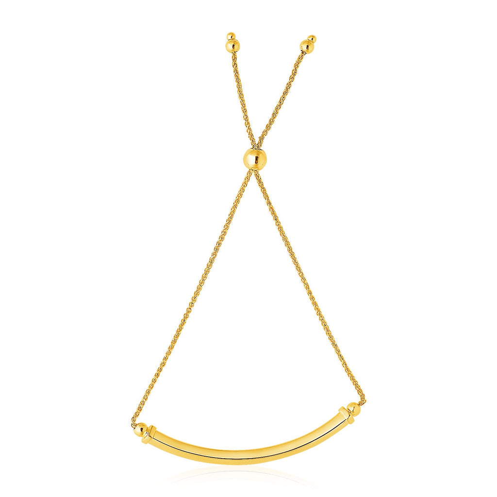 14k yellow gold lariat bracelet featuring a polished curved bar for a modern, elegant touch.