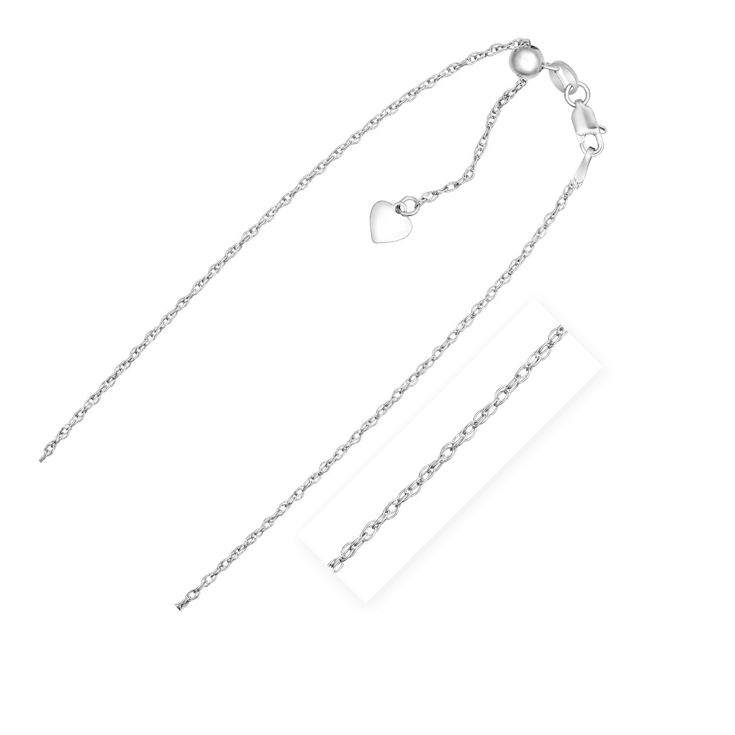 Sterling silver 1.5mm adjustable rope chain with elegant dangle design, perfect for layering or standalone wear.