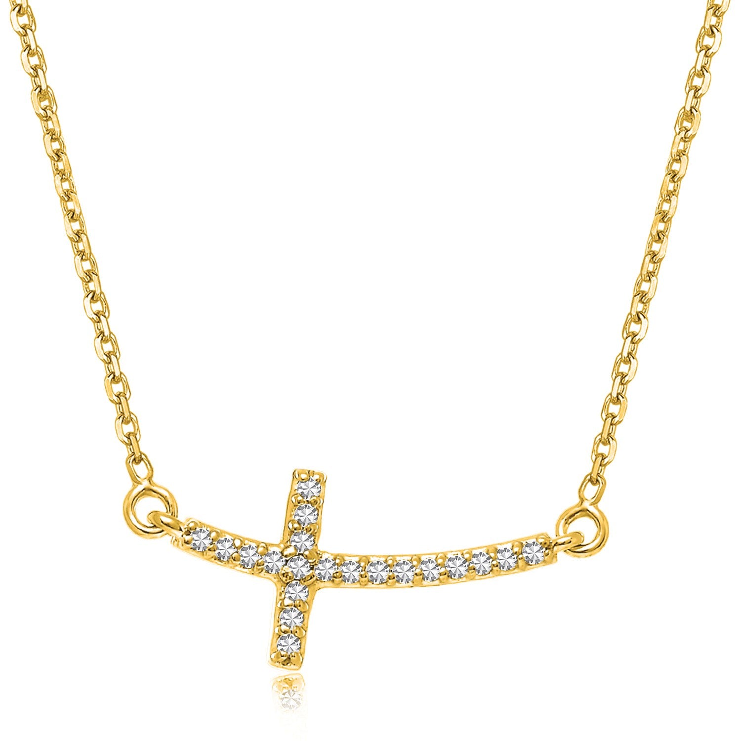 14k yellow gold curved cross necklace with diamond accents, featuring an elegant chain design.
