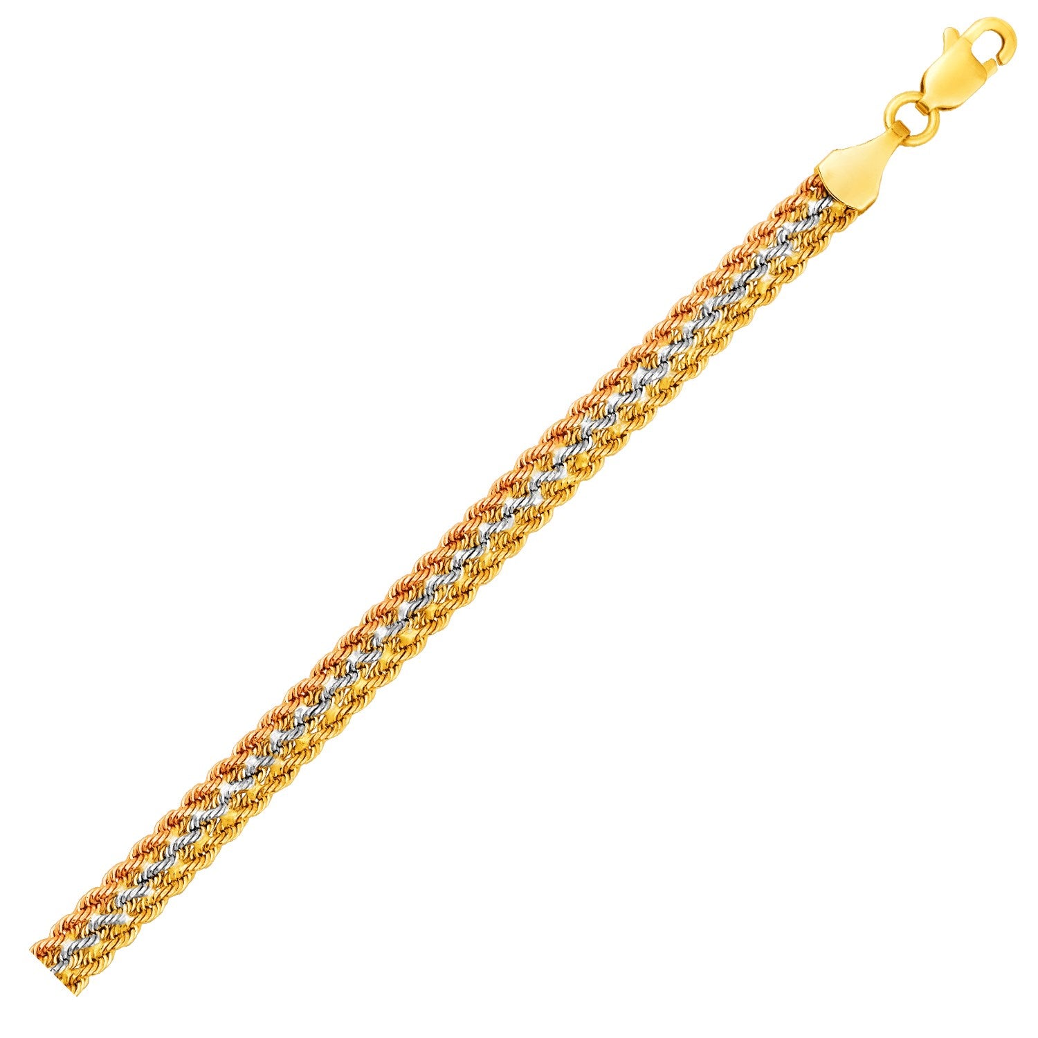 10k tri-toned gold multi-strand rope chain bracelet in 14k gold, showcasing modern elegance and exquisite craftsmanship.