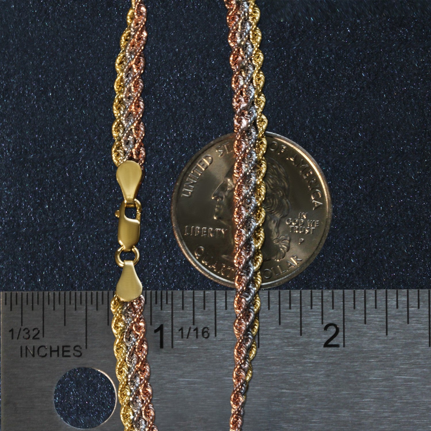 14k tri-toned gold multi-strand rope chain bracelet, modern design with elegant round links, 6.35 mm width.