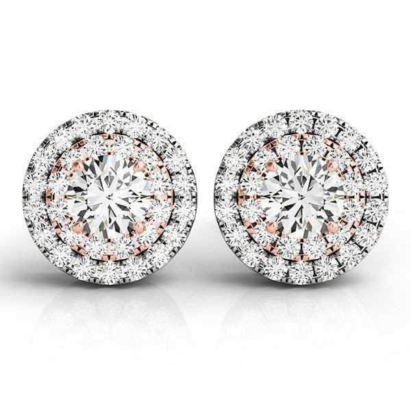 14k white and rose gold diamond halo earrings featuring a contemporary round design, perfect for elegant occasions.