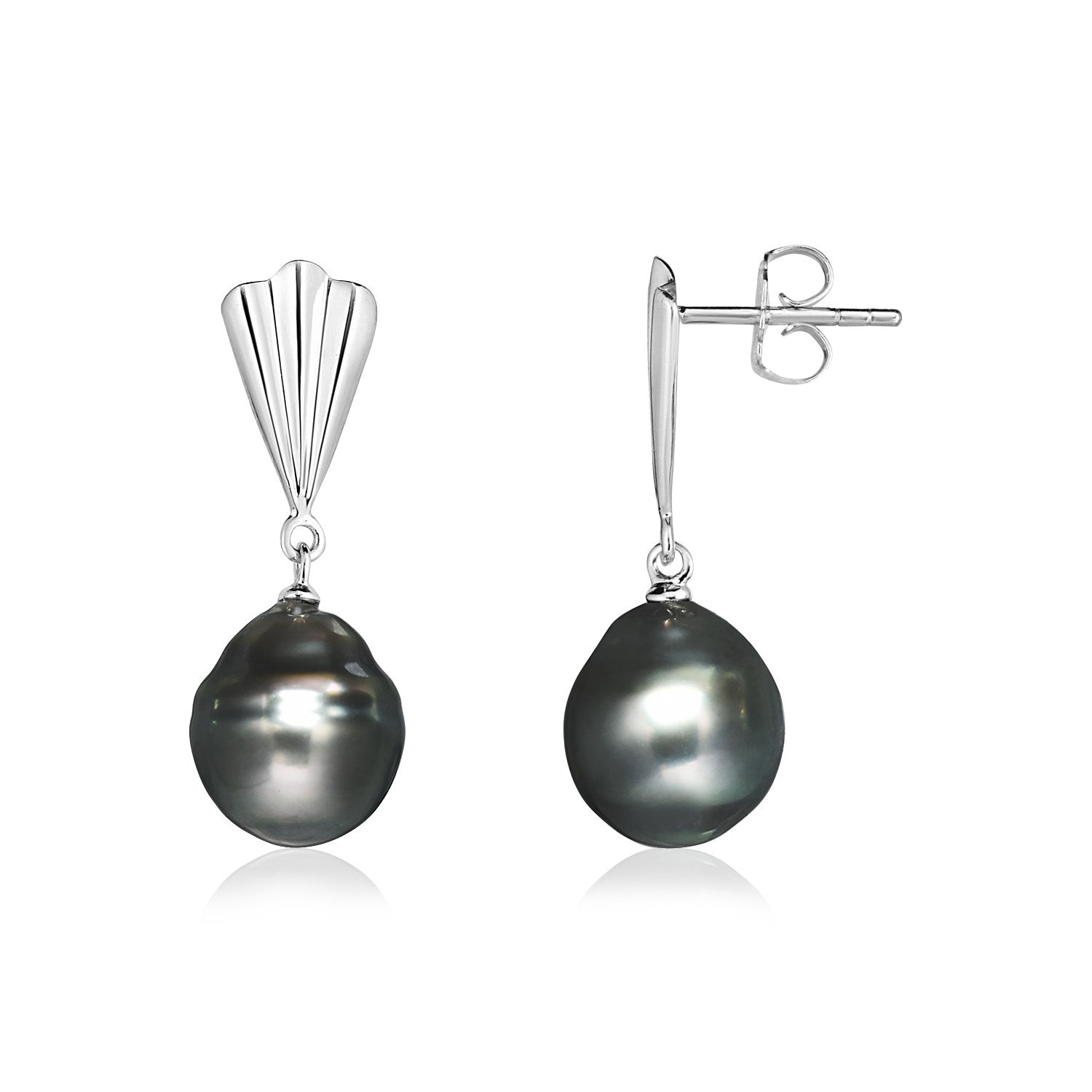 Sterling silver fan motif earrings adorned with luxurious black pearls for a modern, elegant look.