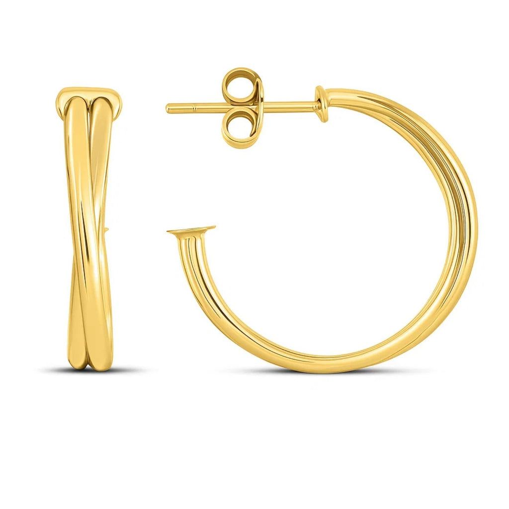 14k yellow gold textured crossover hoop earrings, embodying minimalist elegance and timeless luxury.