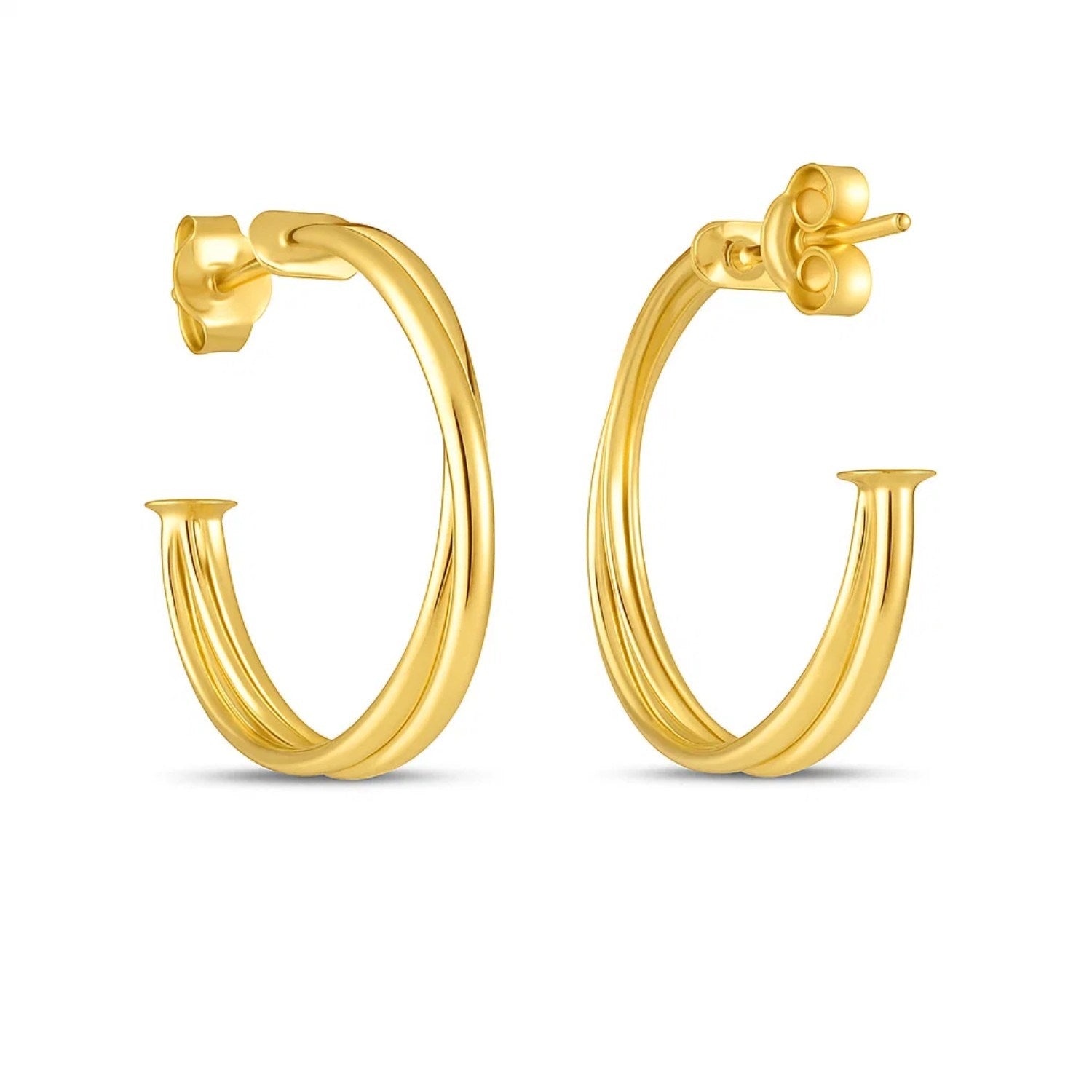 14k yellow gold textured crossover hoop earrings, showcasing minimalist elegance and refined craftsmanship.