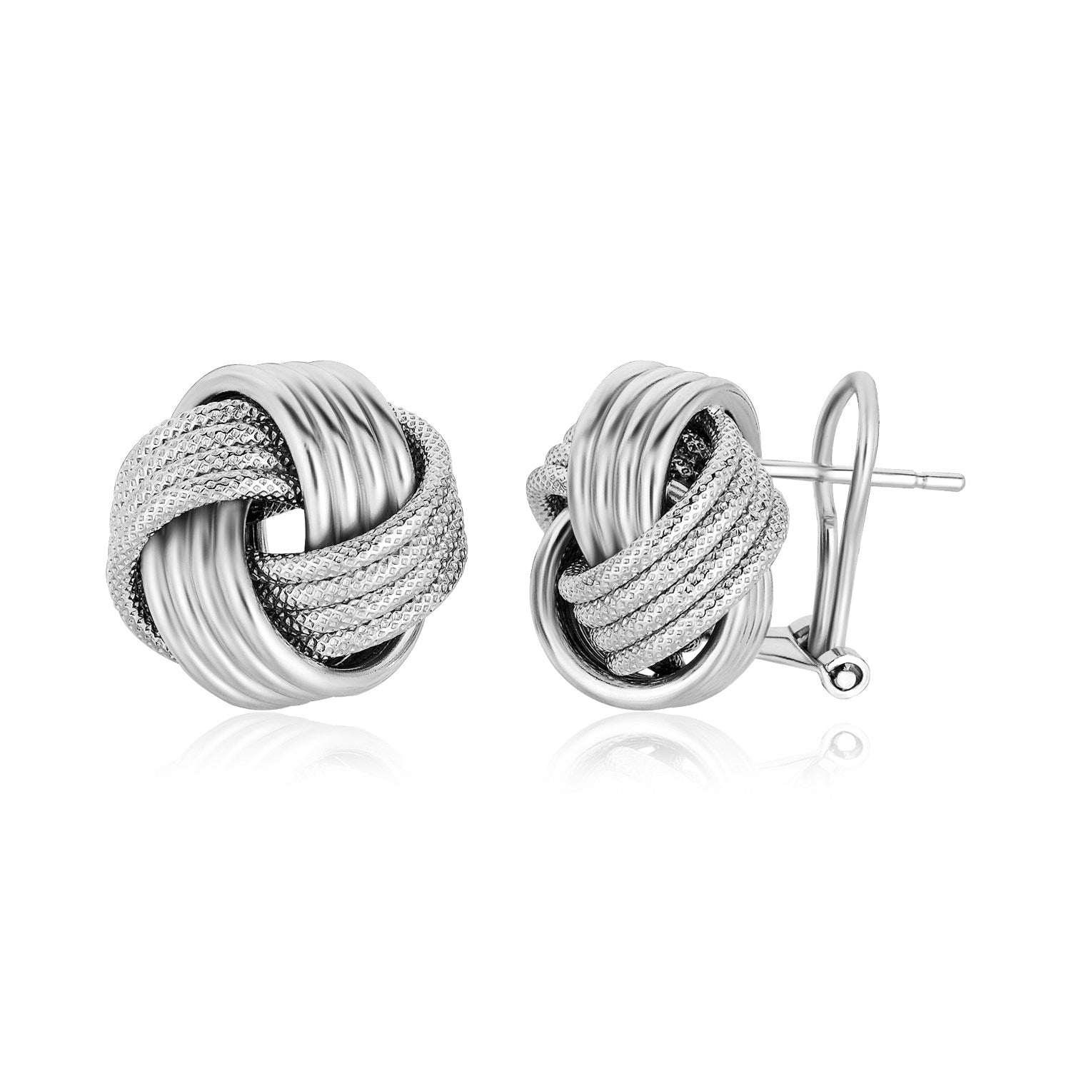 Sterling silver textured groove love knot earrings, exuding elegance and luxury with a unique design.