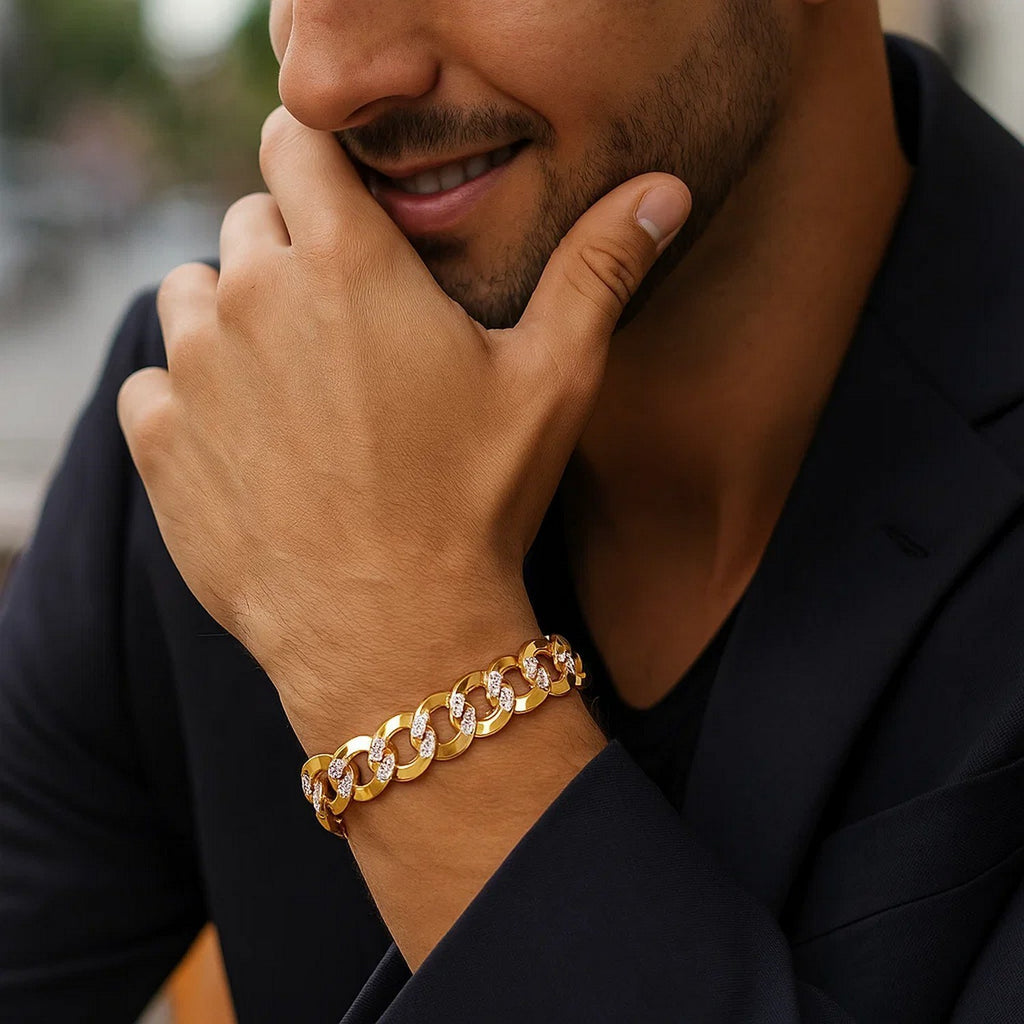 14k two-tone gold pave curb bracelet featuring a modern design with exquisite chain links and stud accents.