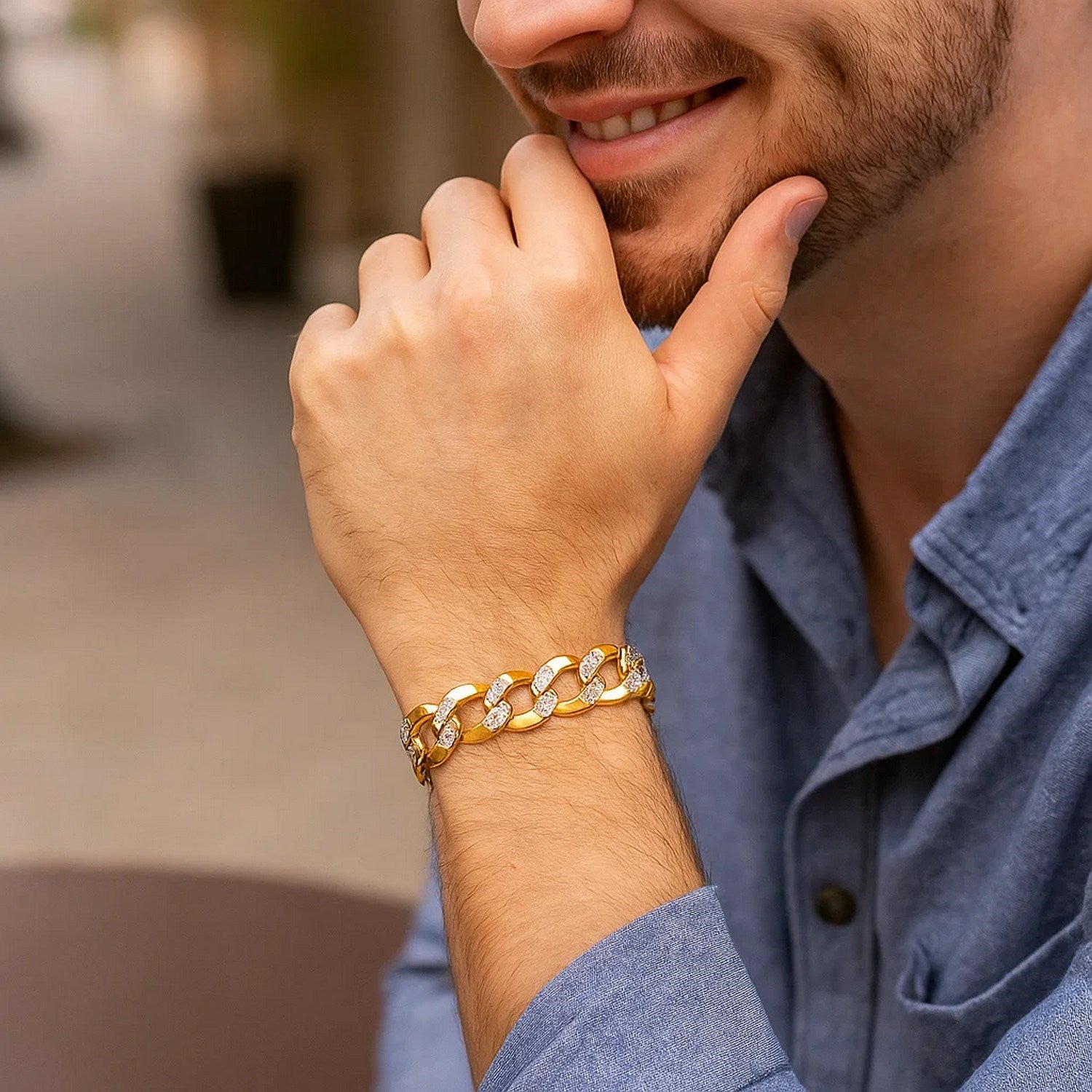 14k two-tone gold pave curb bracelet featuring a modern design and intricate chain details, perfect for luxury styling.