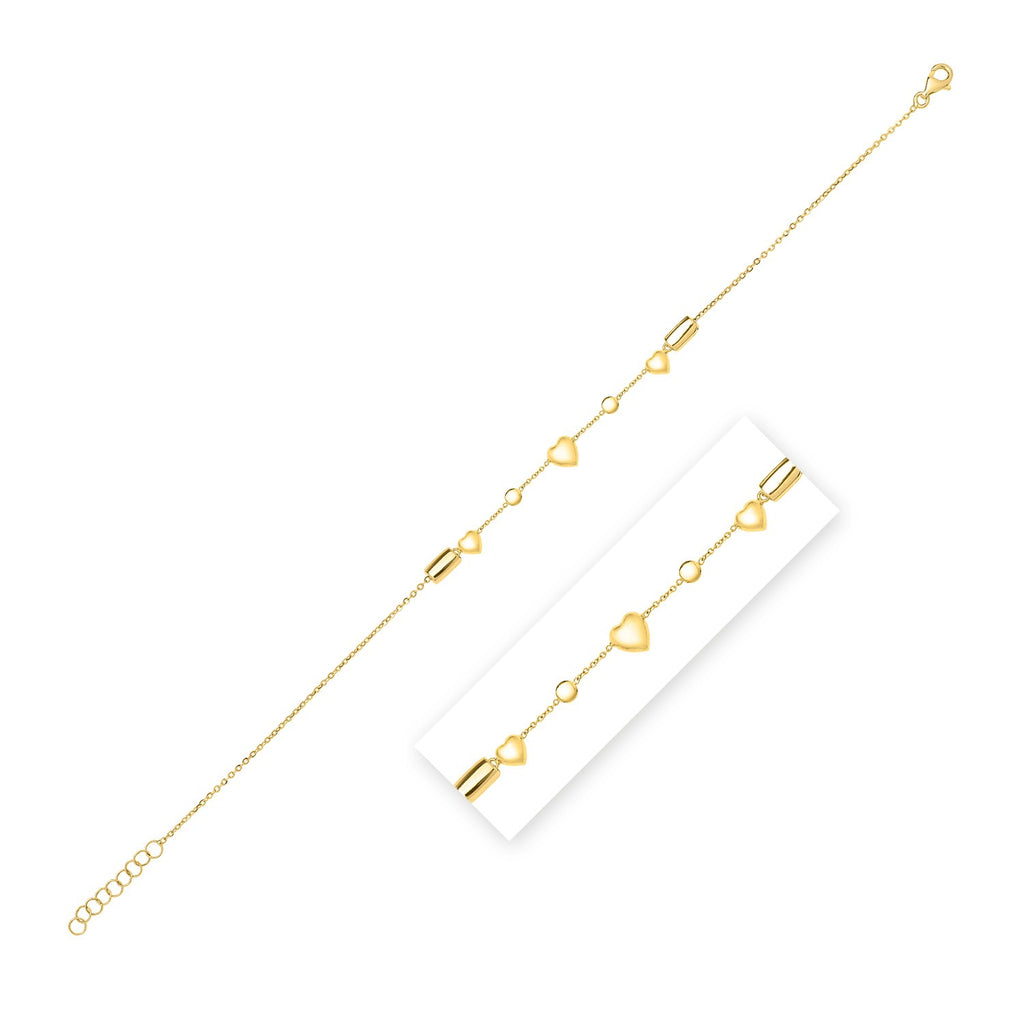 14k yellow gold puff heart adjustable anklet with modern design and elegant round stud accents.