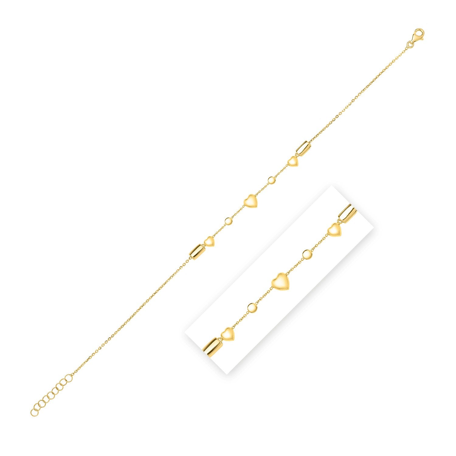 14k yellow gold puff heart adjustable anklet with modern design and elegant round stud accents.