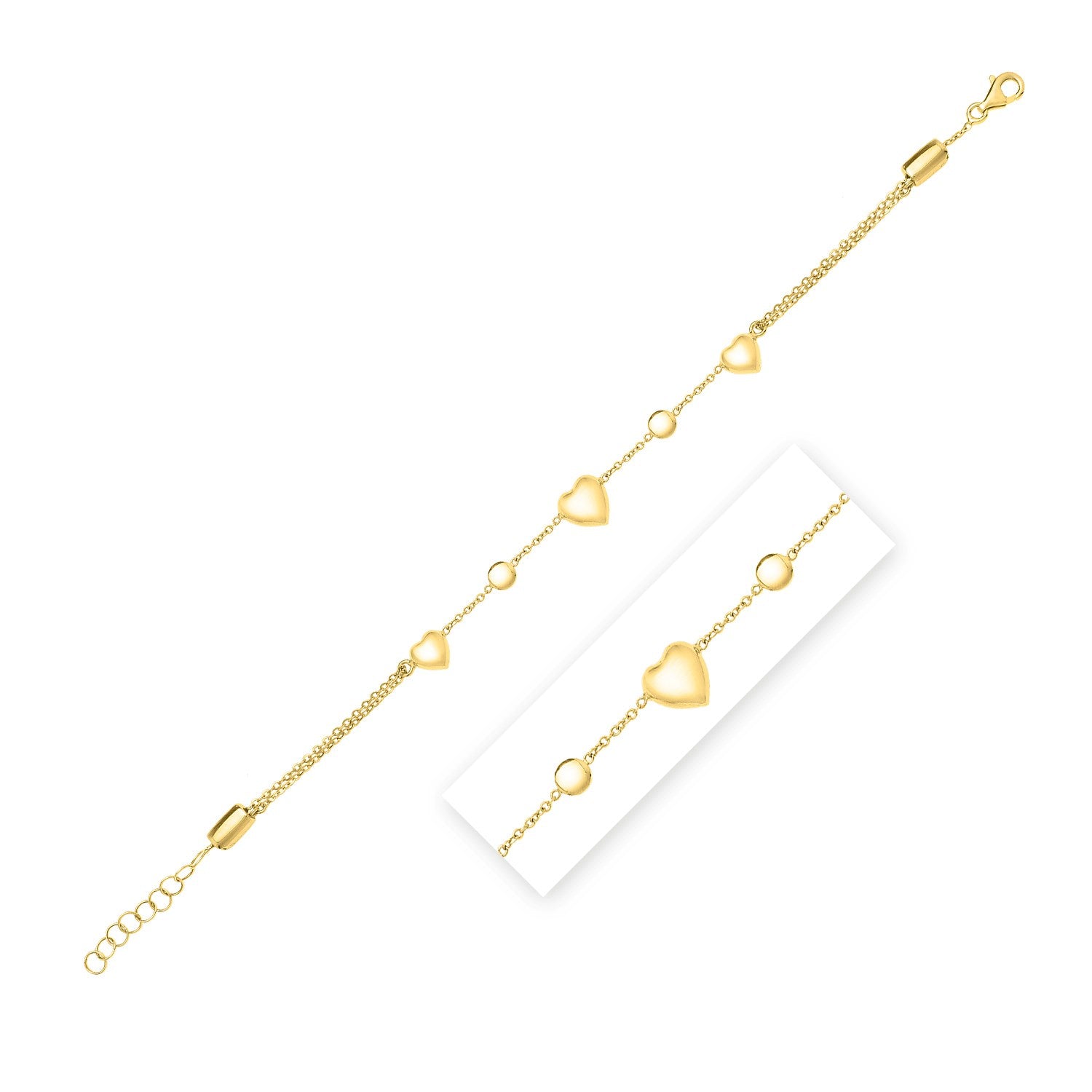 14k yellow gold puff heart adjustable anklet with modern design and elegant round stud accents.