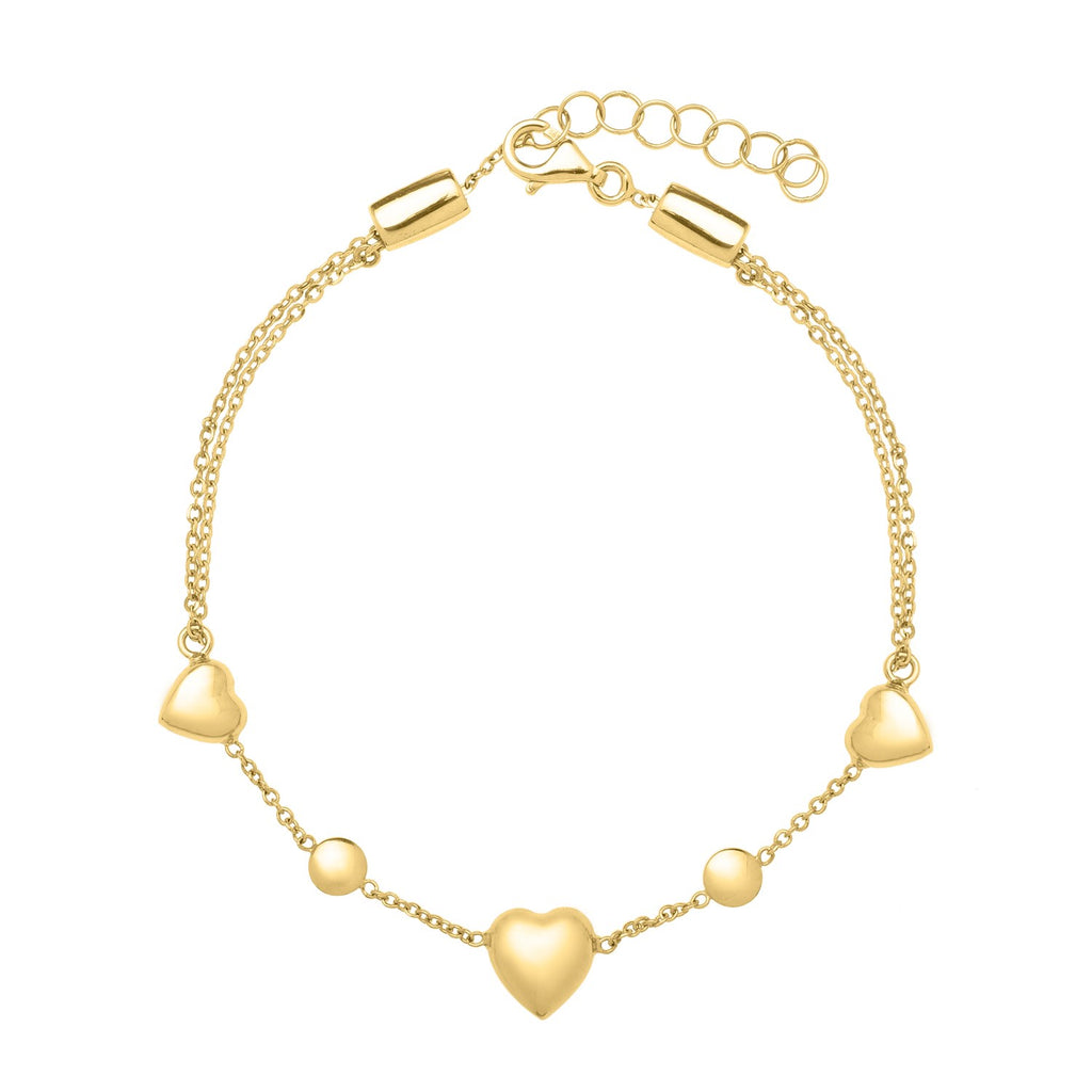 14k yellow gold puff heart adjustable anklet with modern design and round stud accents for a luxurious touch.