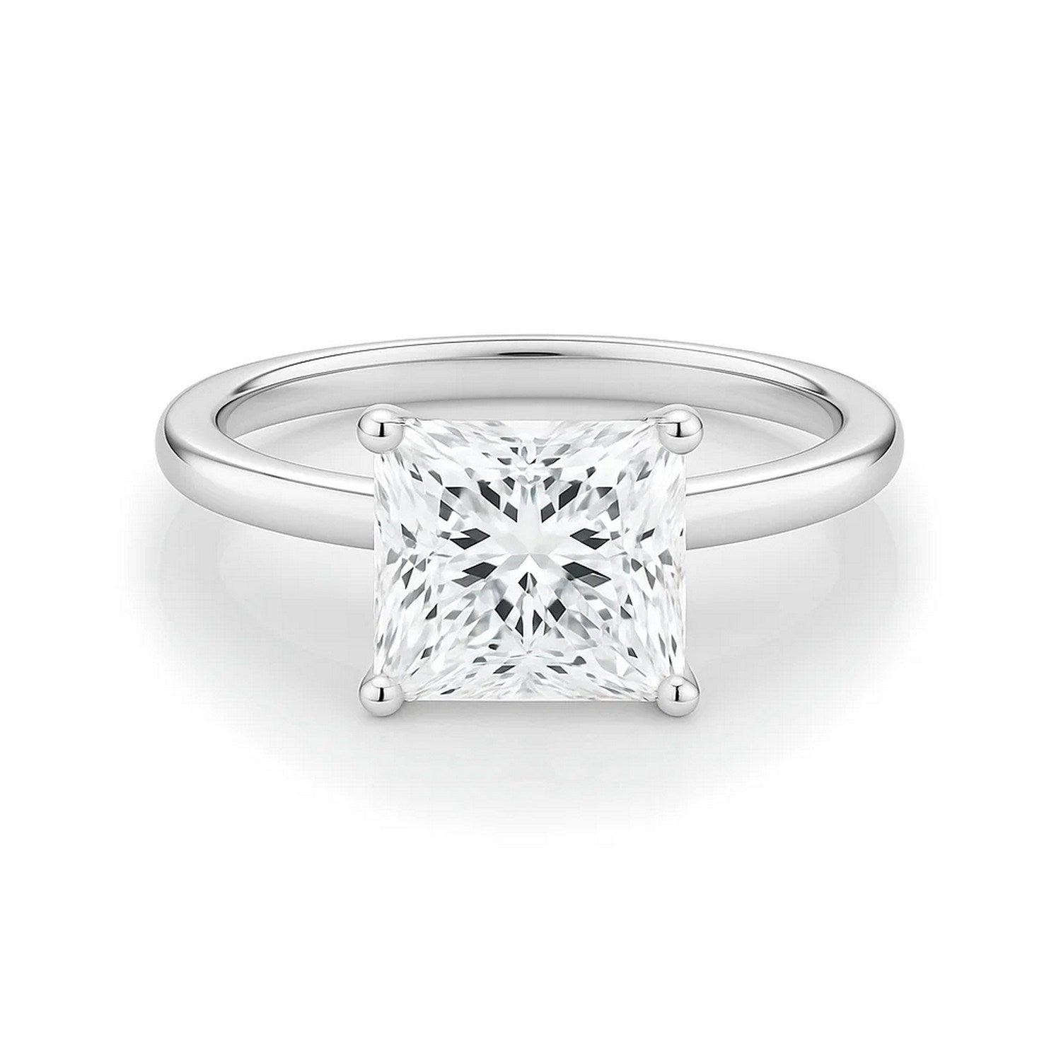 14k white gold 2 carat princess diamond solitaire ring with elegant prong setting, showcasing modern luxury design.