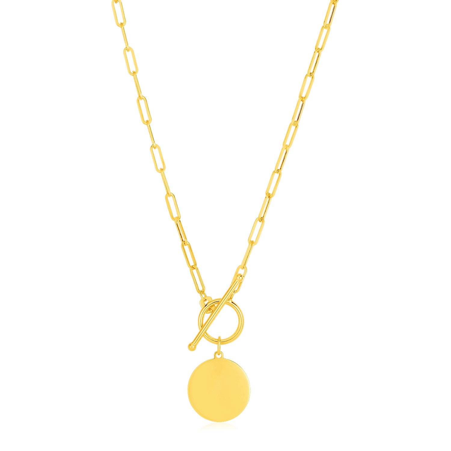 14k yellow gold paperclip chain necklace featuring a modern circle pendant design, perfect for elegant layering.