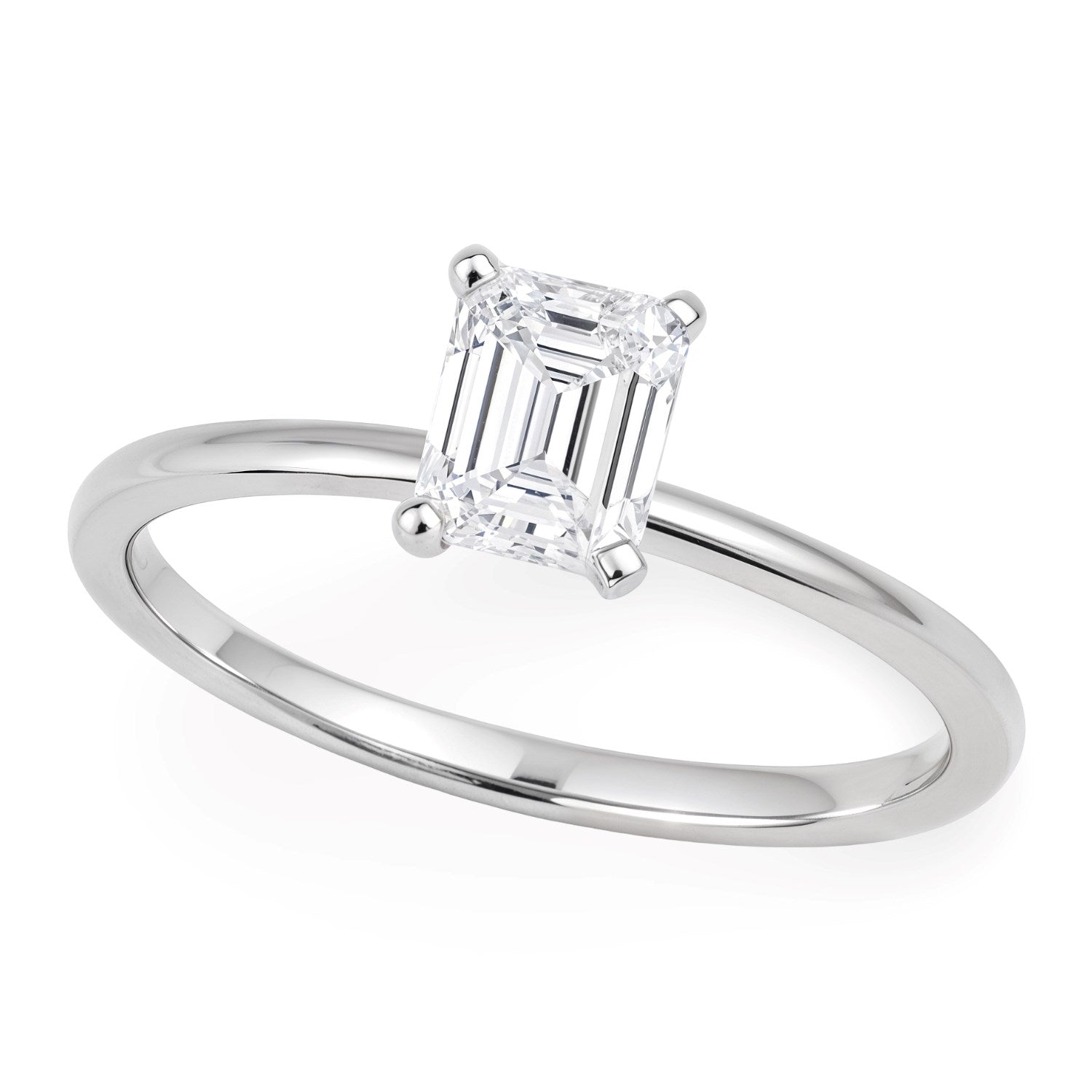 1 carat emerald lab-grown diamond solitaire ring in 14k white gold with elegant prong setting, perfect for timeless luxury.