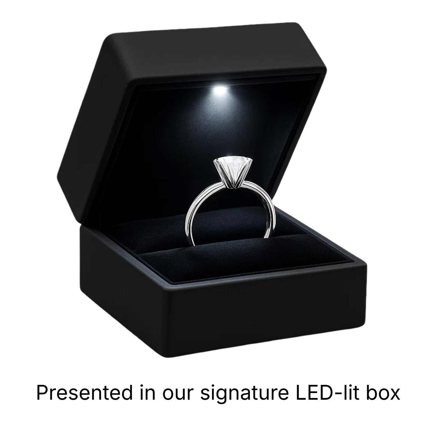 14k white gold solitaire ring featuring a 1 carat emerald lab-grown diamond in a classic prong setting.