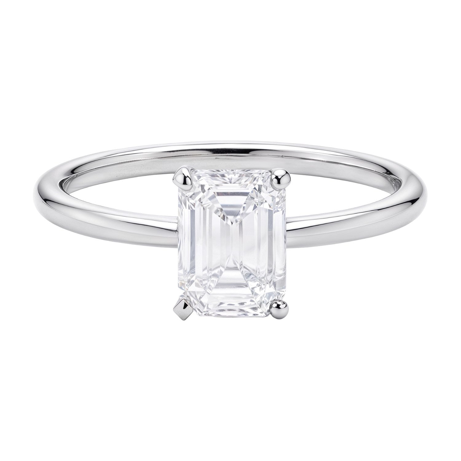 14k white gold solitaire ring featuring a 1 carat emerald lab-grown diamond in a classic prong setting.
