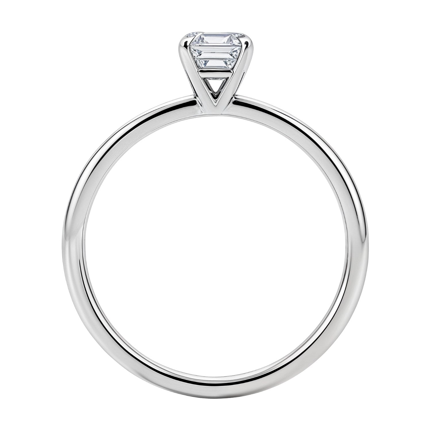 14k white gold solitaire ring featuring a 1 carat emerald lab-grown diamond in a classic prong setting.