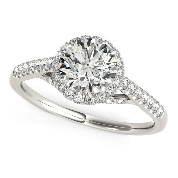 14k white gold round cut pave set diamond engagement ring with halo and prong setting, modern elegance.