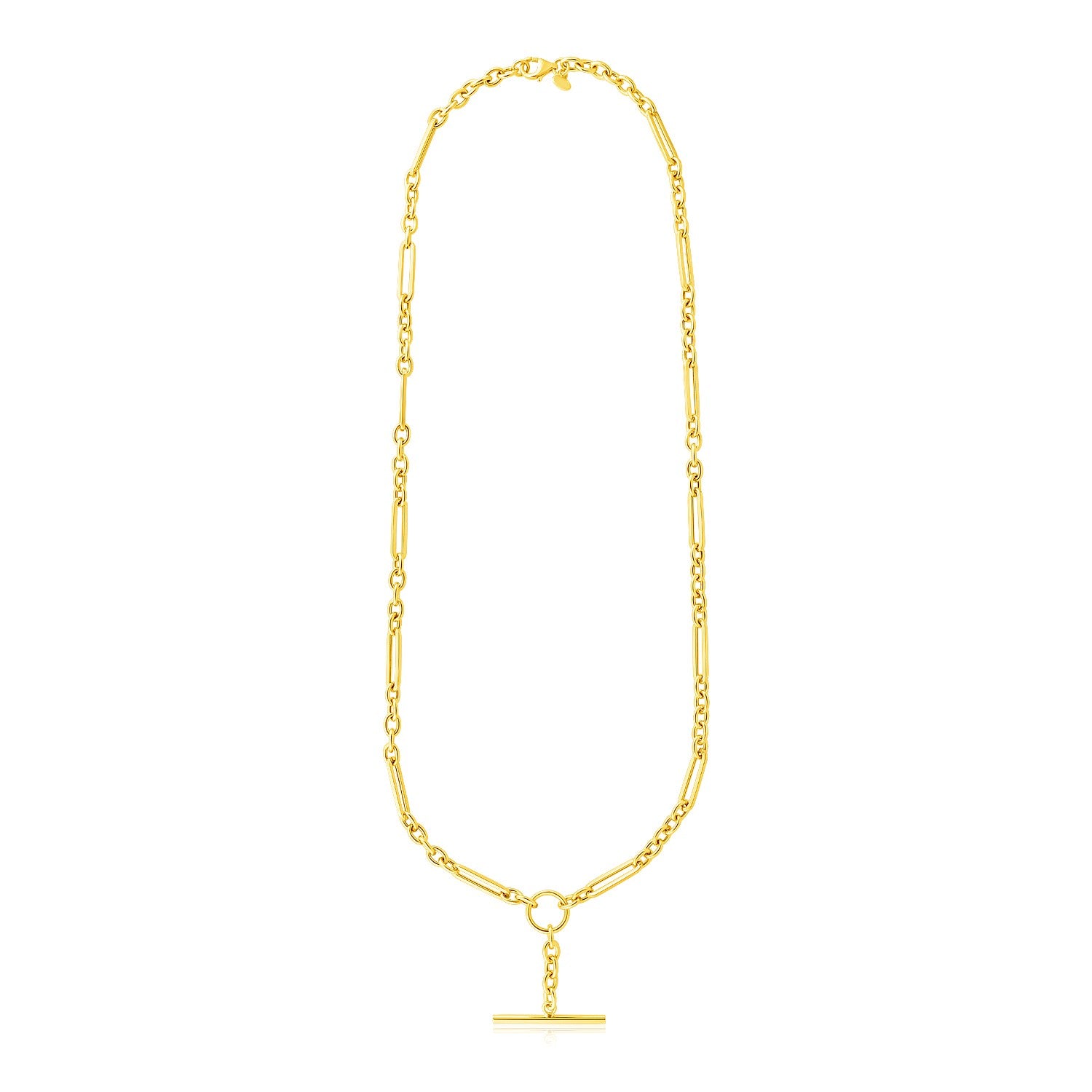 14k yellow gold alternating oval and round chain necklace with elegant toggle clasp, perfect for modern luxury styling.