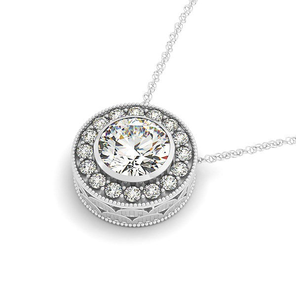 Elegant 14k white gold diamond halo pendant necklace featuring a stunning bezel-set center stone.