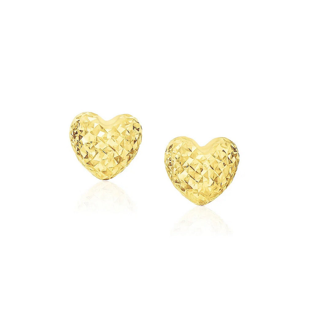 14k yellow gold diamond-cut puffed heart earrings, exuding minimalist luxury and timeless elegance.