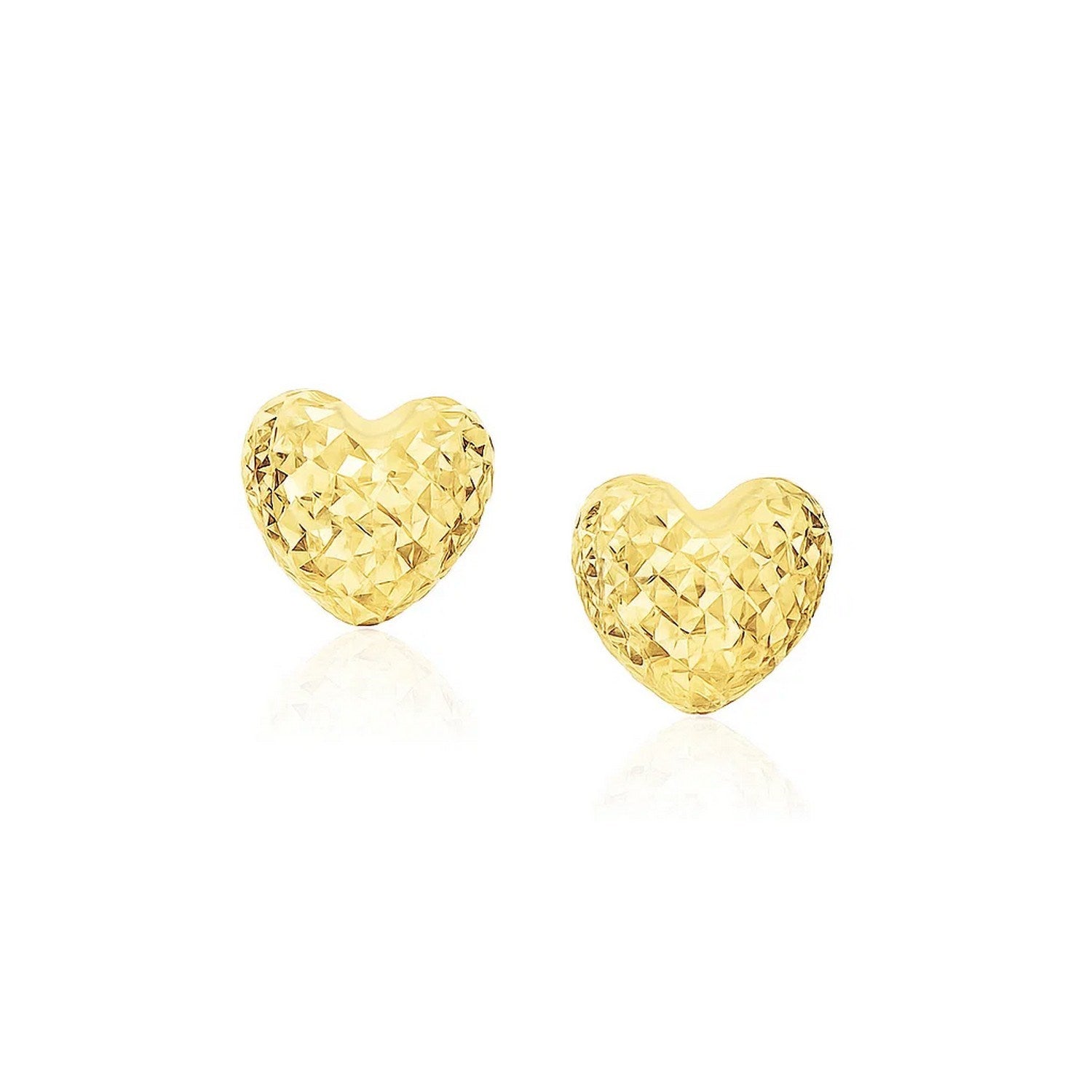 14k yellow gold diamond-cut puffed heart earrings, exuding minimalist luxury and timeless elegance.